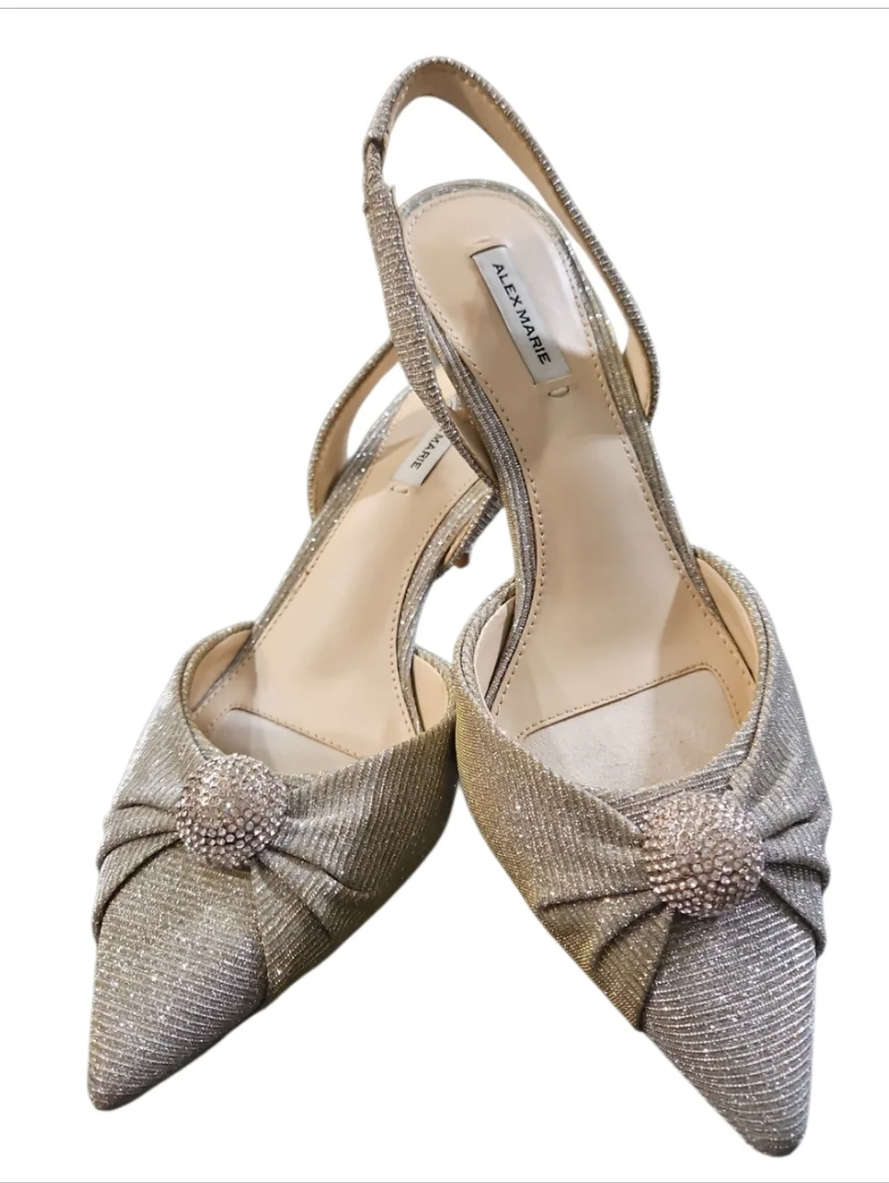 Alex Marie Allyn Shimmer Rhinestone Ornament Slingback Heels Silver 6 New